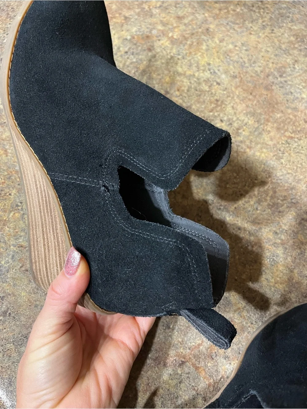 TOMS Black Suede Wedge Ankle Booties Cutout Stacked Heel Sz 8.5 Fall Winter